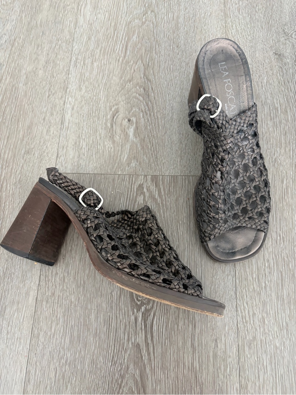 Lea Foscati Vero Cuoio Woven Leather Block Heel Mules in Dark Brown made Italy